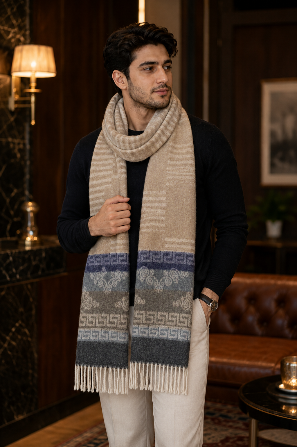 Weavers Villa Premium Geometric Print Men’s Mufflers – Stylish, Warm & Versatile Winter Accessories
