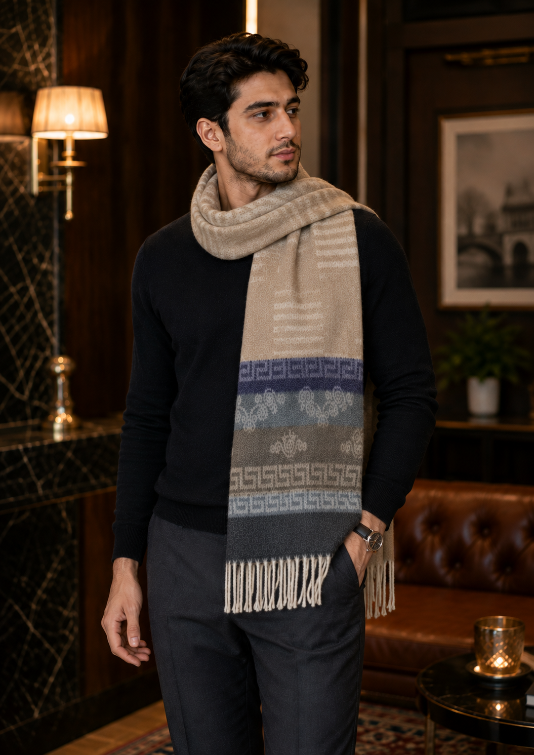 Weavers Villa Premium Geometric Print Men’s Mufflers – Stylish, Warm & Versatile Winter Accessories