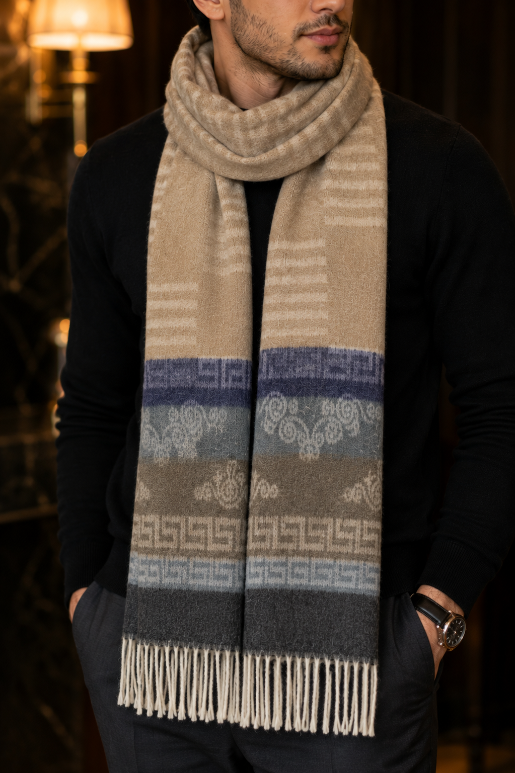 Weavers Villa Premium Geometric Print Men’s Mufflers – Stylish, Warm & Versatile Winter Accessories