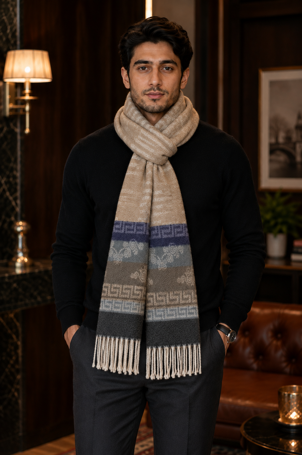 Weavers Villa Premium Geometric Print Men’s Mufflers – Stylish, Warm & Versatile Winter Accessories