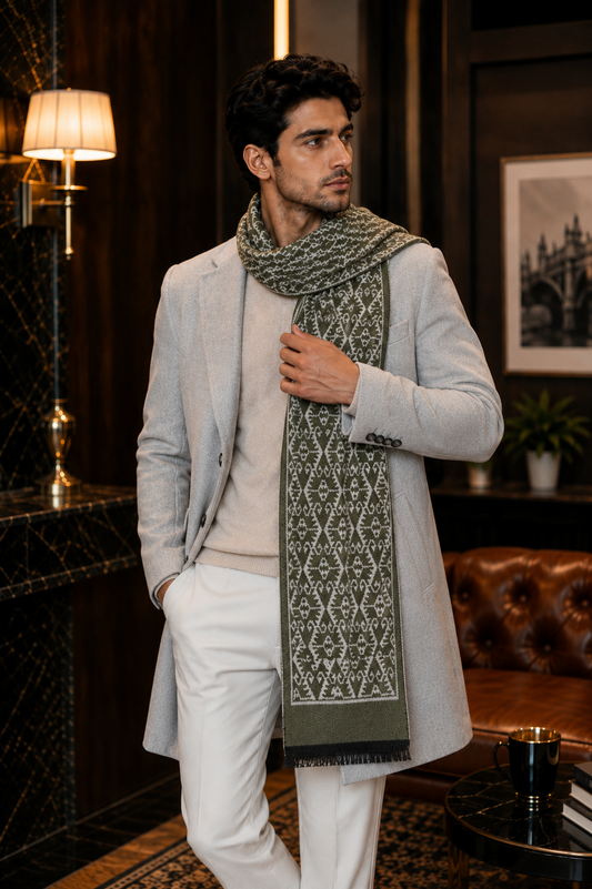 Weavers Villa Premium Geometric Print Men’s Mufflers – Stylish, Warm & Versatile Winter Accessories