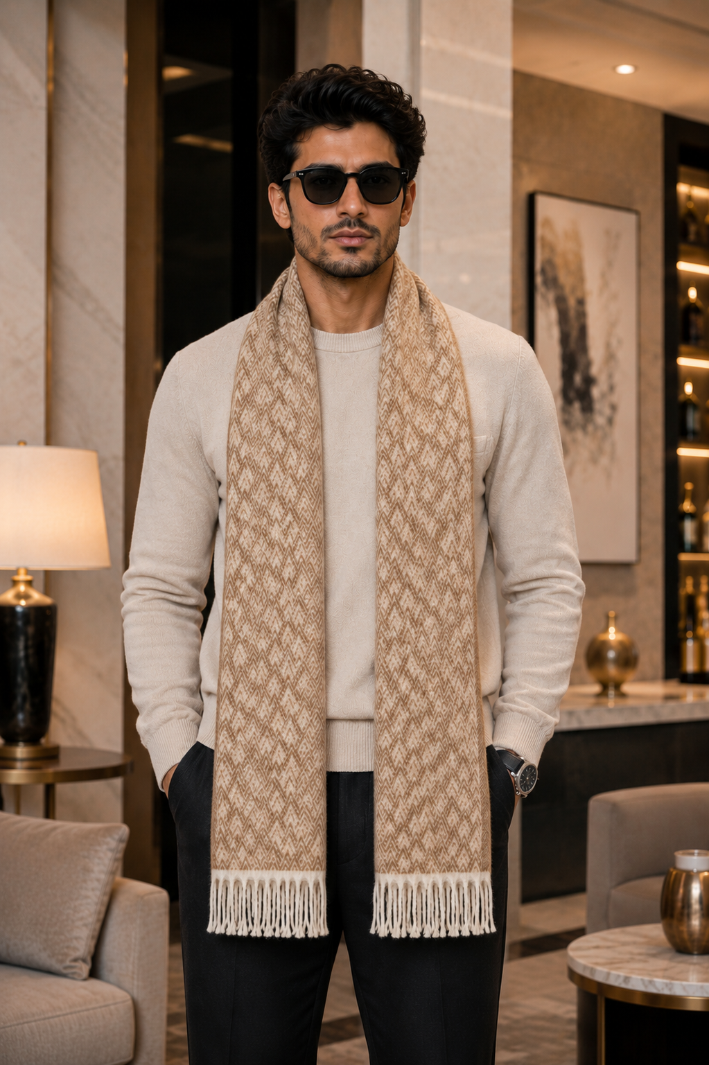 Weavers Villa Premium Geometric Print Men’s Mufflers – Stylish, Warm & Versatile Winter Accessories