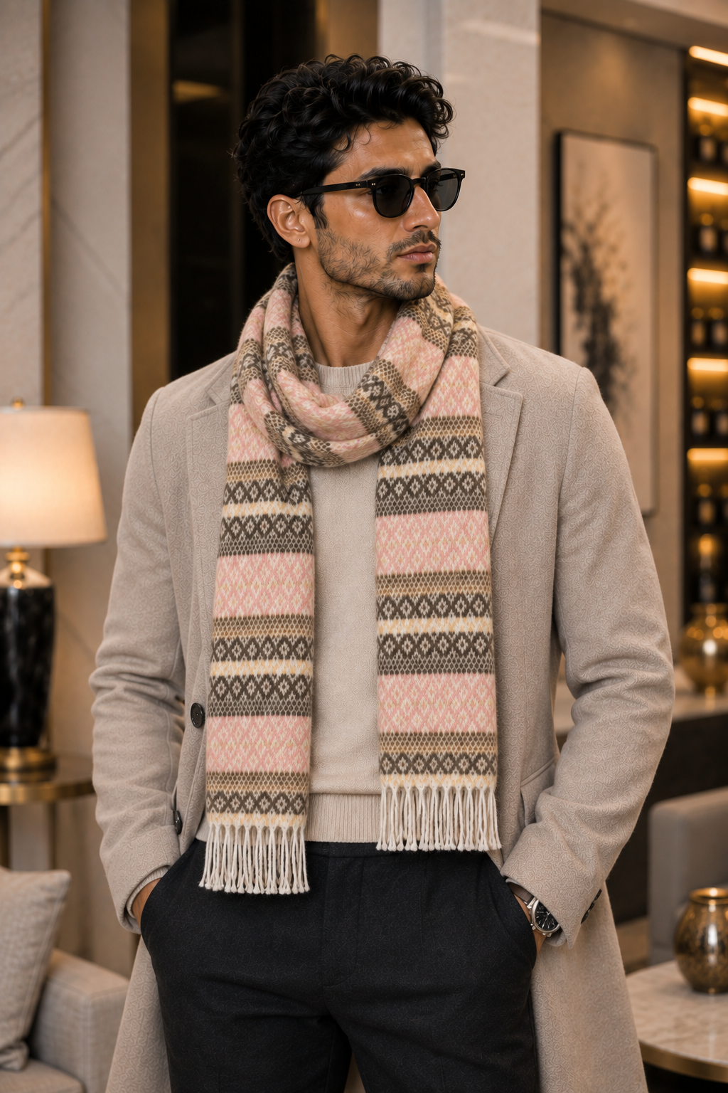 Weavers Villa Premium Geometric Print Men’s Mufflers – Stylish, Warm & Versatile Winter Accessories