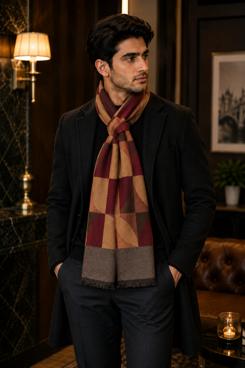 Weavers Villa Premium Geometric Print Men’s Mufflers – Stylish, Warm & Versatile Winter Accessories