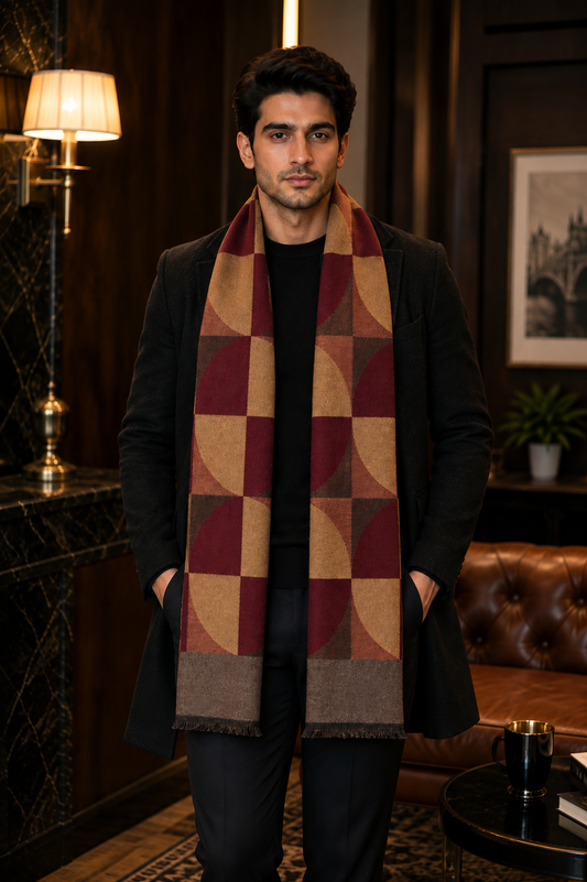 Weavers Villa Premium Geometric Print Men’s Mufflers – Stylish, Warm & Versatile Winter Accessories