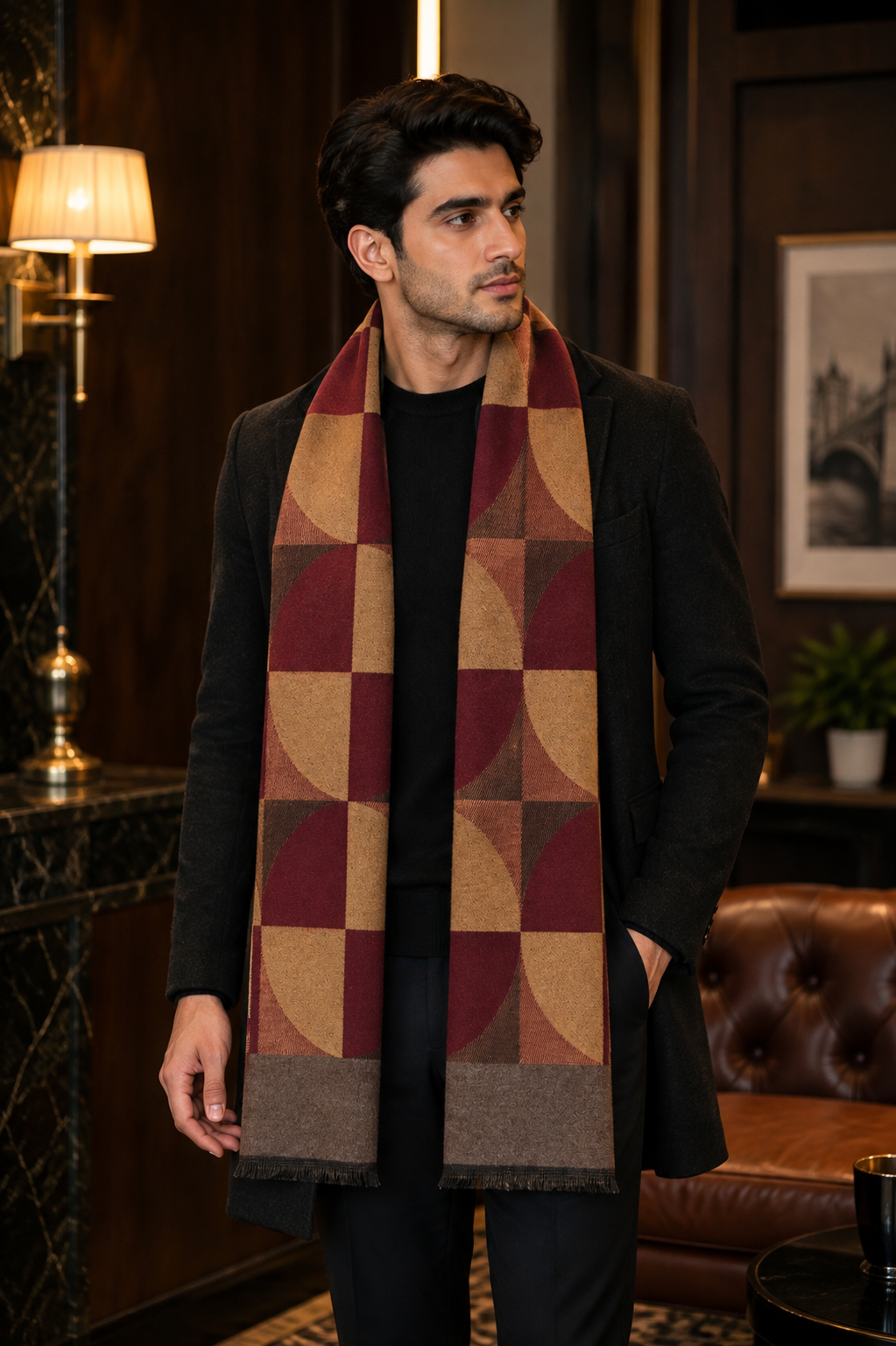 Weavers Villa Premium Geometric Print Men’s Mufflers – Stylish, Warm & Versatile Winter Accessories