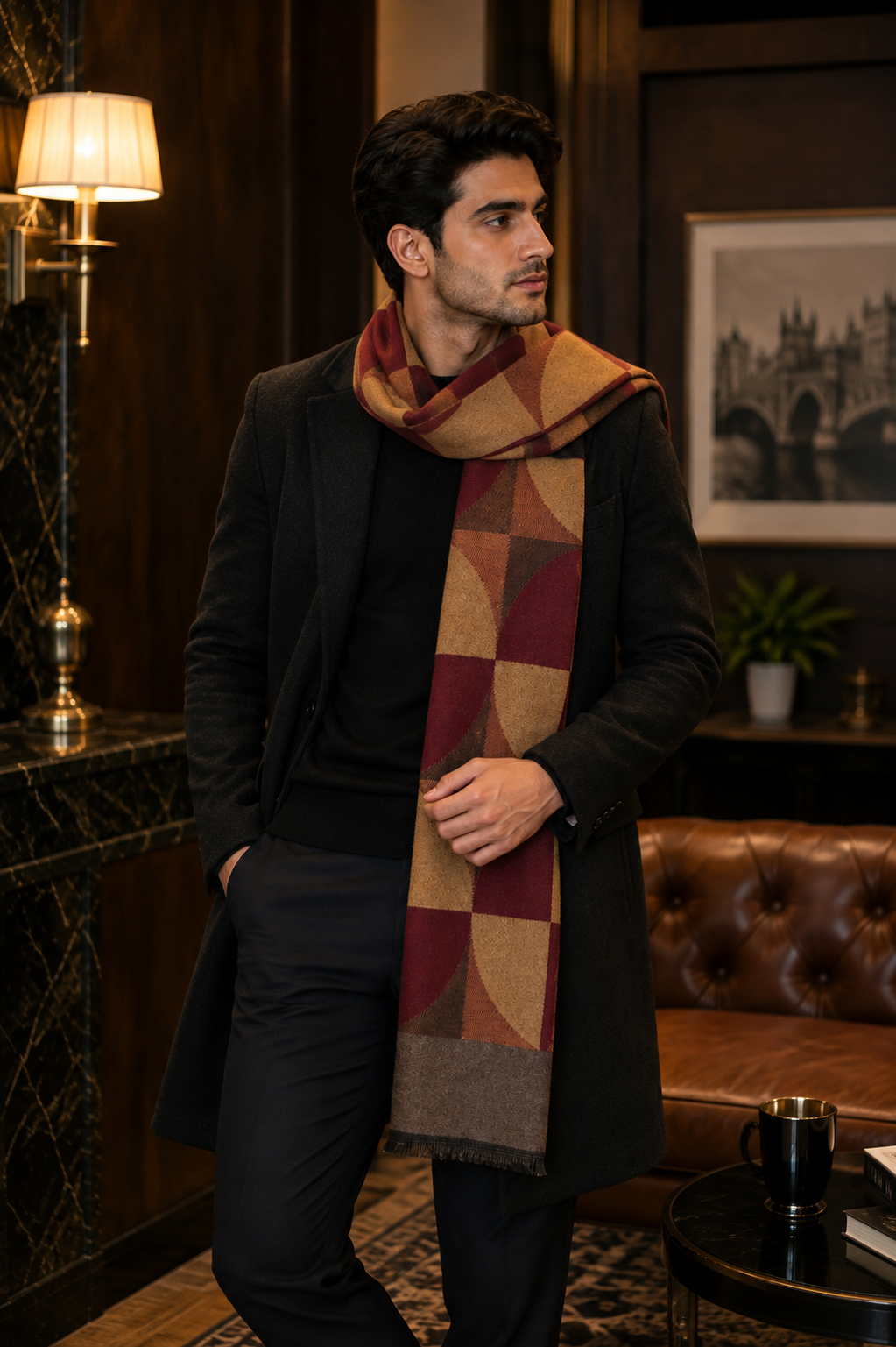 Weavers Villa Premium Geometric Print Men’s Mufflers – Stylish, Warm & Versatile Winter Accessories