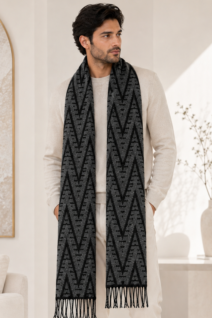 Weavers Villa Premium Geometric Print Men’s Mufflers – Stylish, Warm & Versatile Winter Accessories
