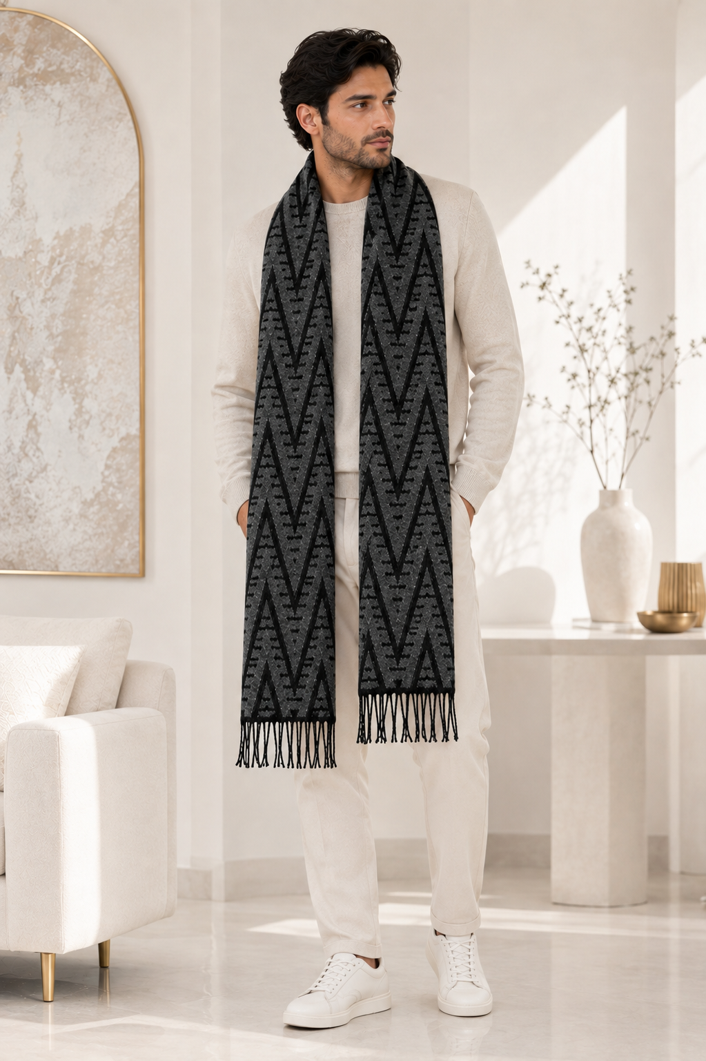 Weavers Villa Premium Geometric Print Men’s Mufflers – Stylish, Warm & Versatile Winter Accessories