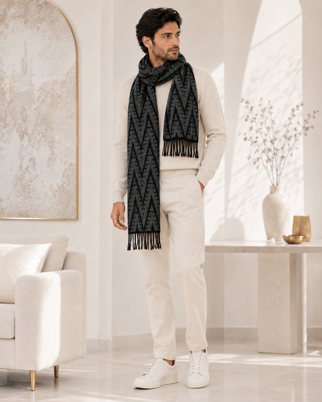 Weavers Villa Premium Geometric Print Men’s Mufflers – Stylish, Warm & Versatile Winter Accessories