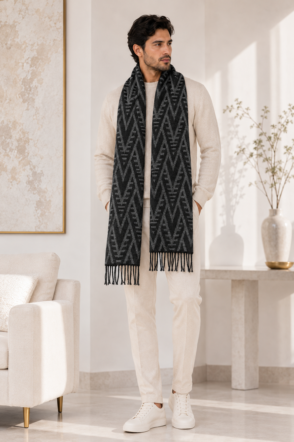 Weavers Villa Premium Geometric Print Men’s Mufflers – Stylish, Warm & Versatile Winter Accessories