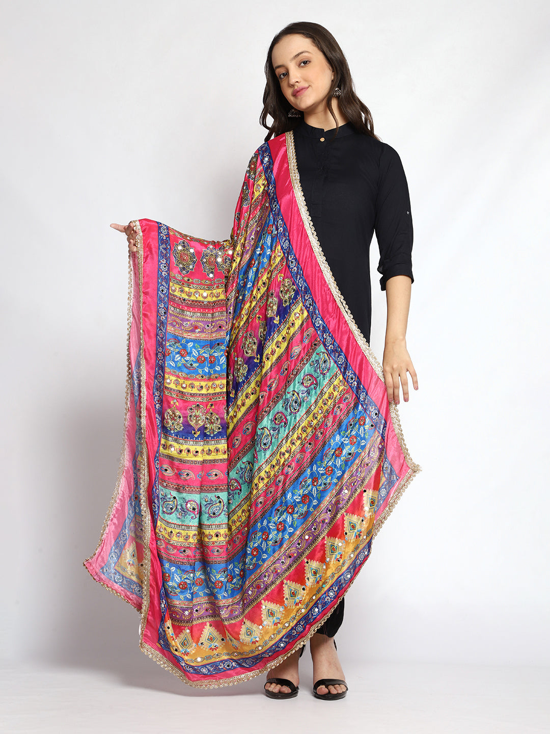 Weavers Villa Women's Poly Silk Digital Graphic Printed Mirror Work Ethnic Dupatta