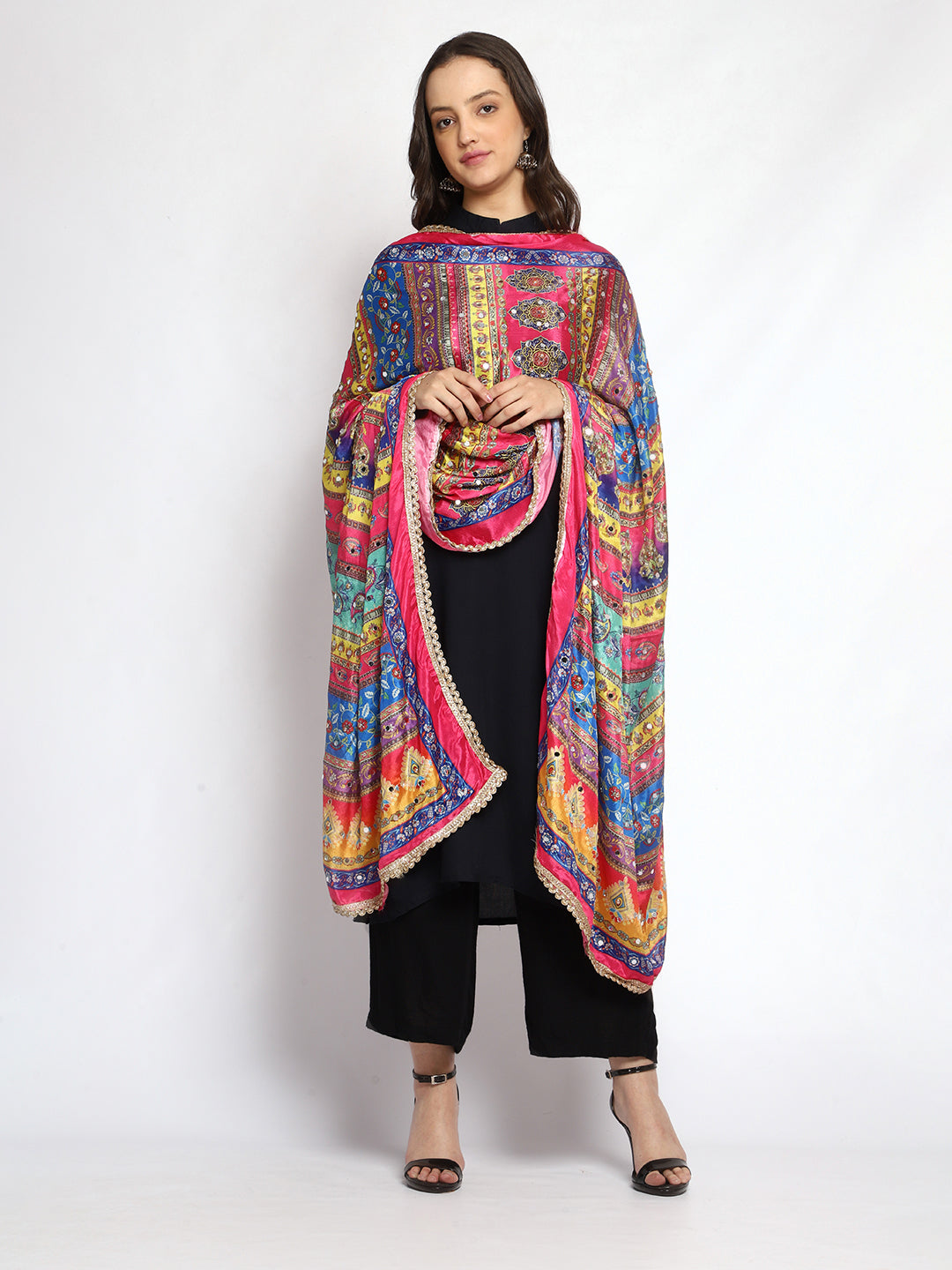 Weavers Villa Women's Poly Silk Digital Graphic Printed Mirror Work Ethnic Dupatta