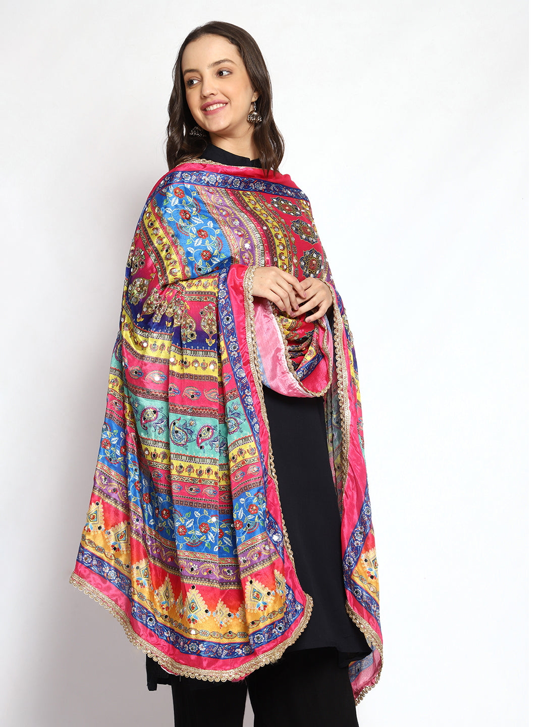 Weavers Villa Women's Poly Silk Digital Graphic Printed Mirror Work Ethnic Dupatta