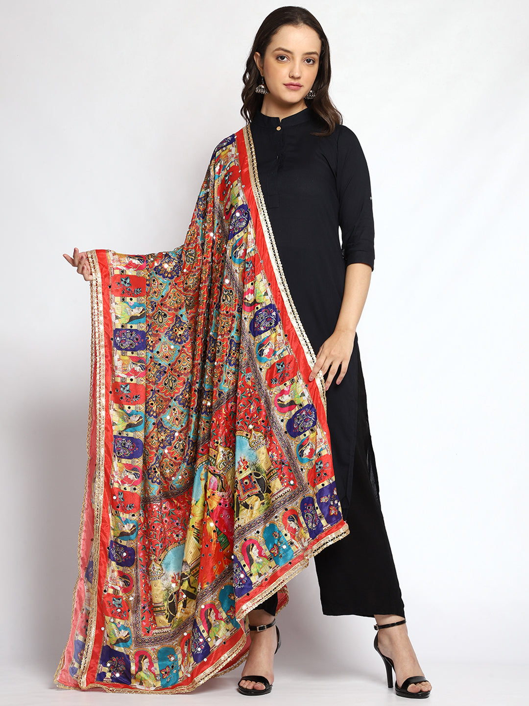 Weavers Villa Women's Poly Silk Digital Graphic Printed Mirror Work Ethnic Dupatta