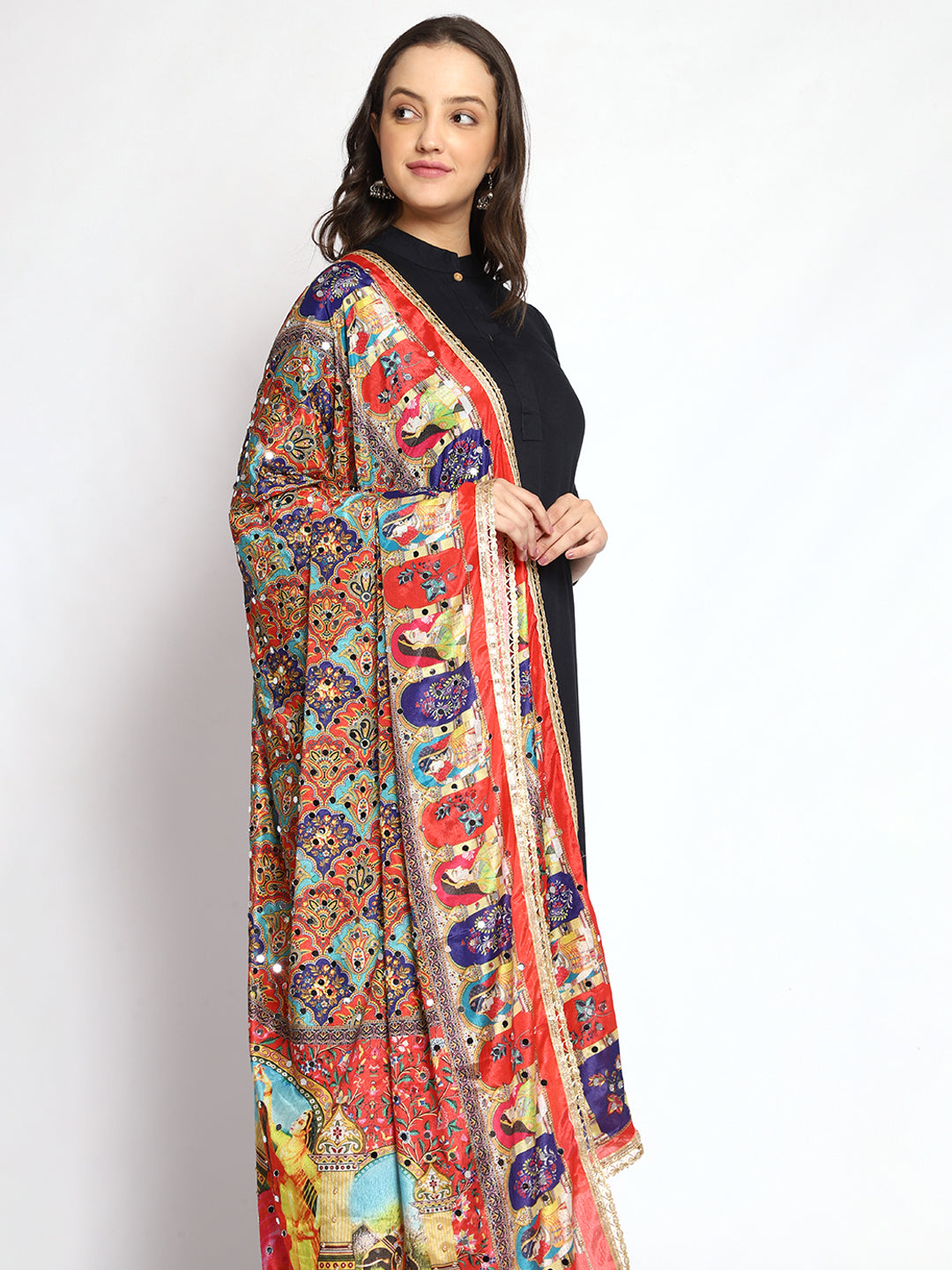 Weavers Villa Women's Poly Silk Digital Graphic Printed Mirror Work Ethnic Dupatta