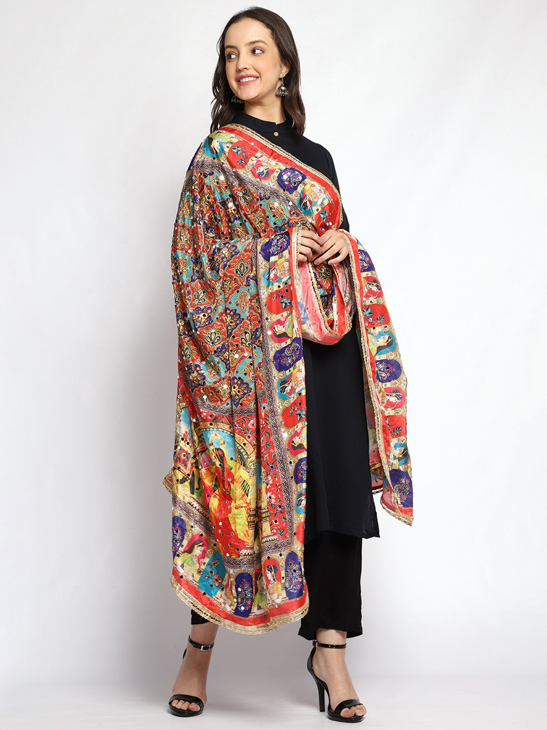 Weavers Villa Women's Poly Silk Digital Graphic Printed Mirror Work Ethnic Dupatta