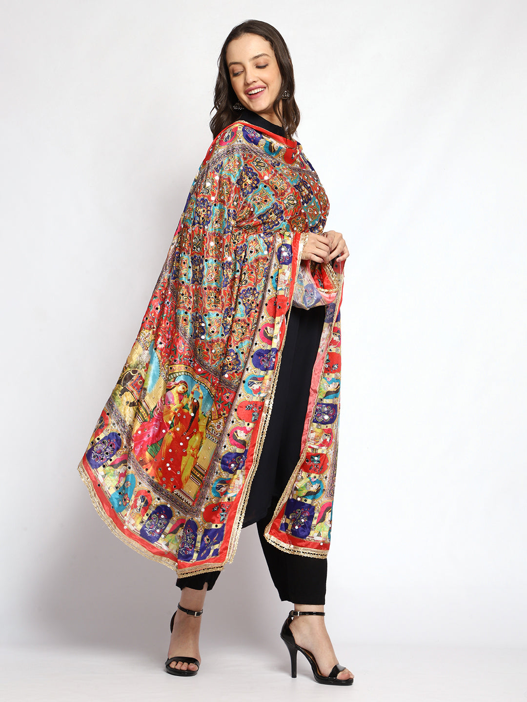 Weavers Villa Women's Poly Silk Digital Graphic Printed Mirror Work Ethnic Dupatta