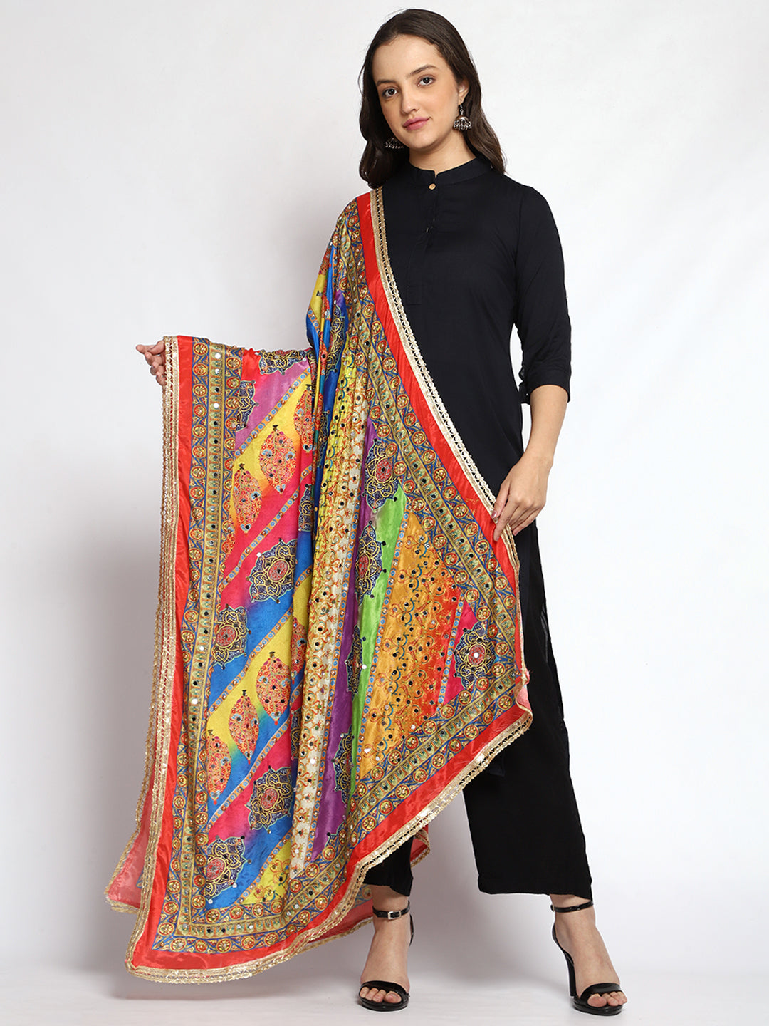 Weavers Villa Women's Poly Silk Digital Graphic Printed Mirror Work Ethnic Dupatta