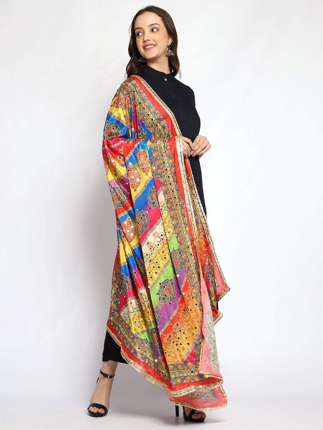 Weavers Villa Women's Poly Silk Digital Graphic Printed Mirror Work Ethnic Dupatta