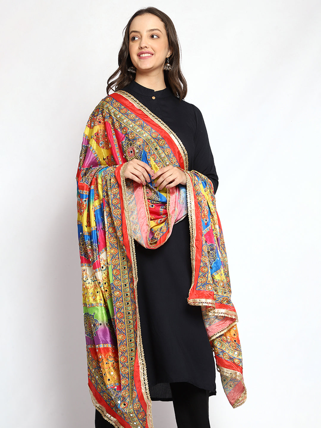 Weavers Villa Women's Poly Silk Digital Graphic Printed Mirror Work Ethnic Dupatta