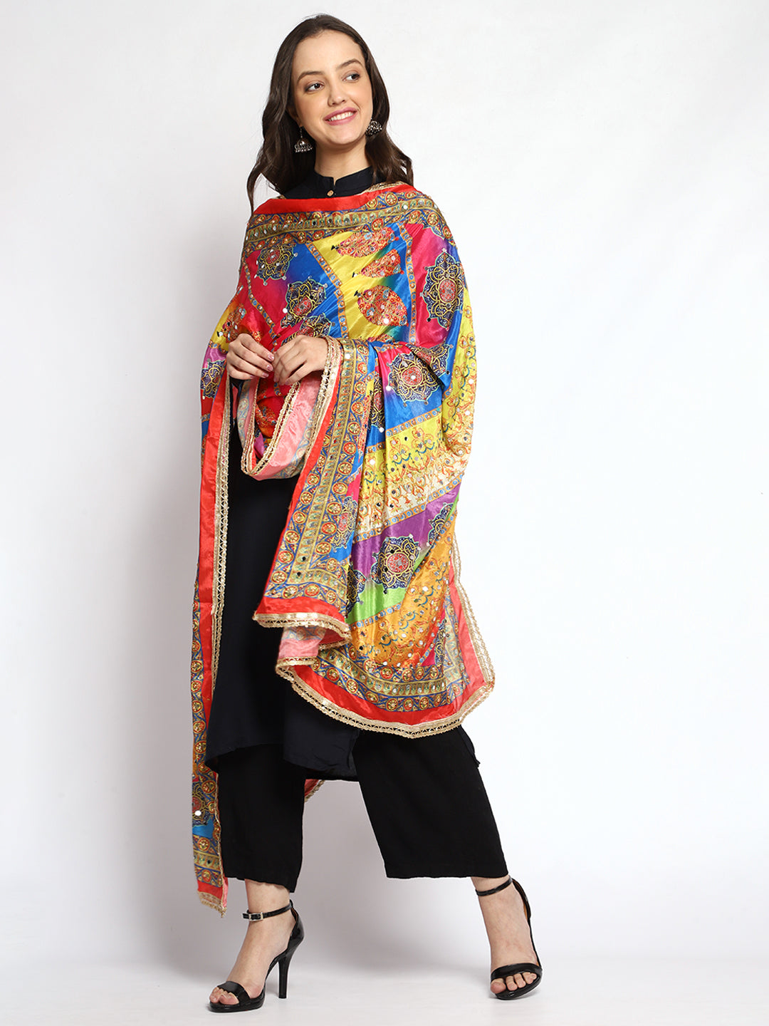 Weavers Villa Women's Poly Silk Digital Graphic Printed Mirror Work Ethnic Dupatta