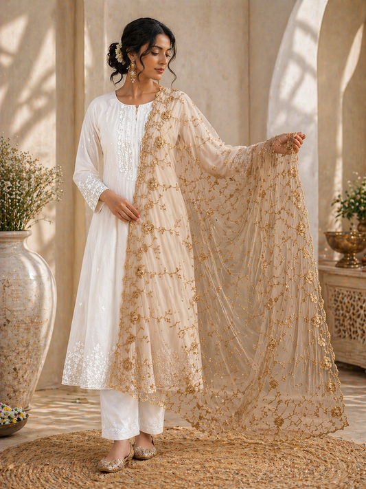 Woman in a white and beige traditional outfit with floral patterns indoors.