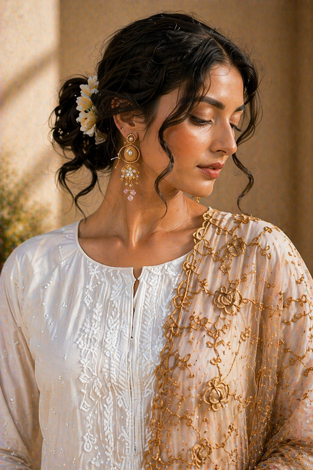 Woman wearing traditional embroidered attire with gold detailing