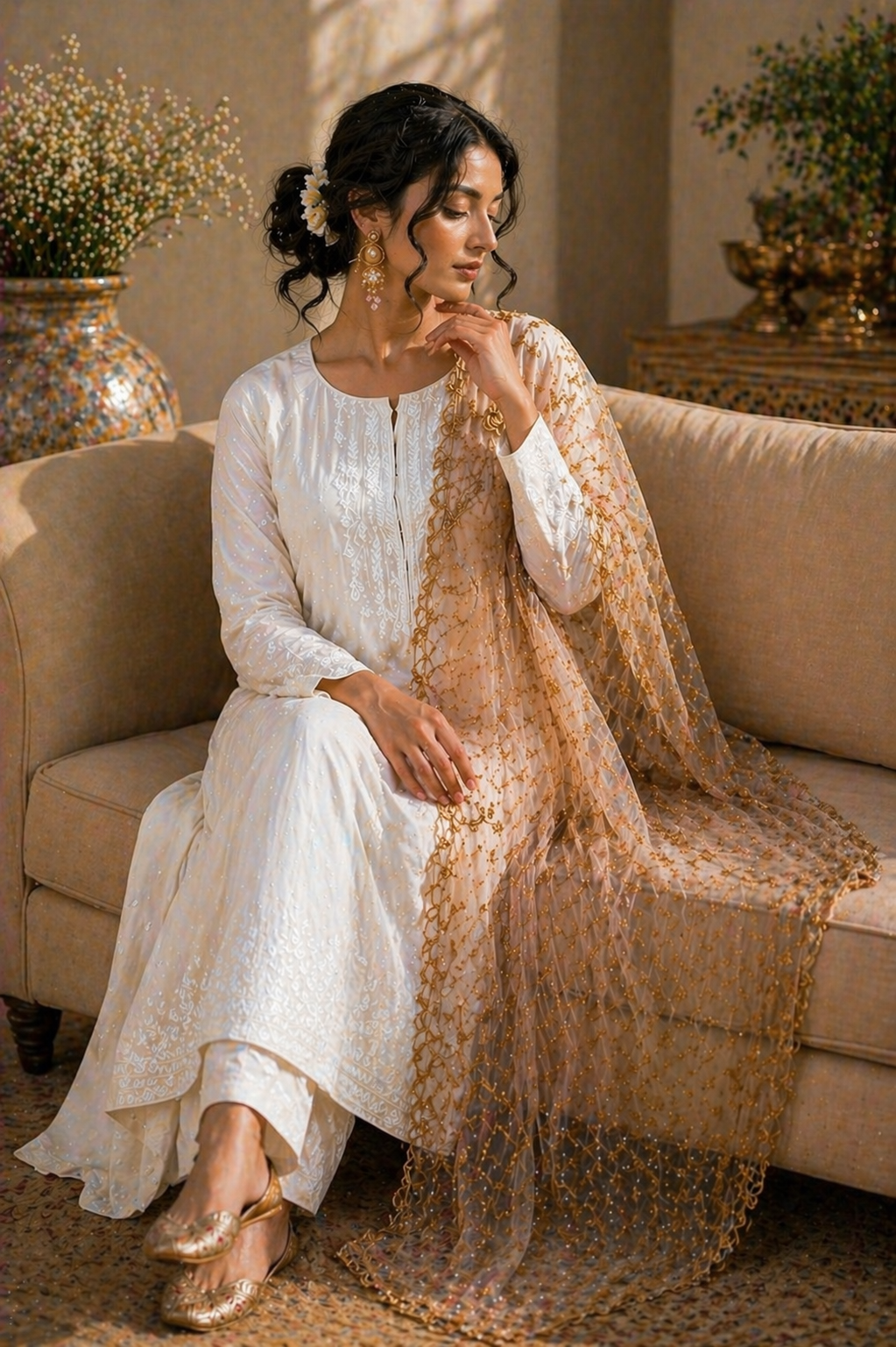Woman in a white traditional outfit with a beige dupatta sitting on a beige sofa.