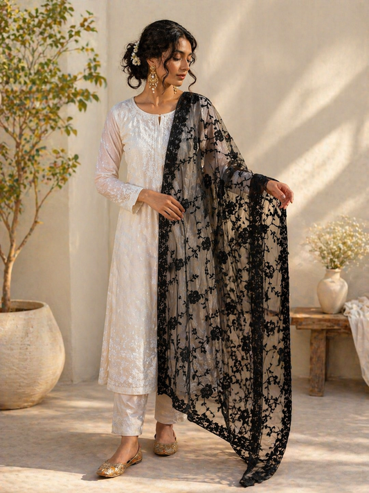 Woman wearing a white outfit with a black floral dupatta in an indoor setting.