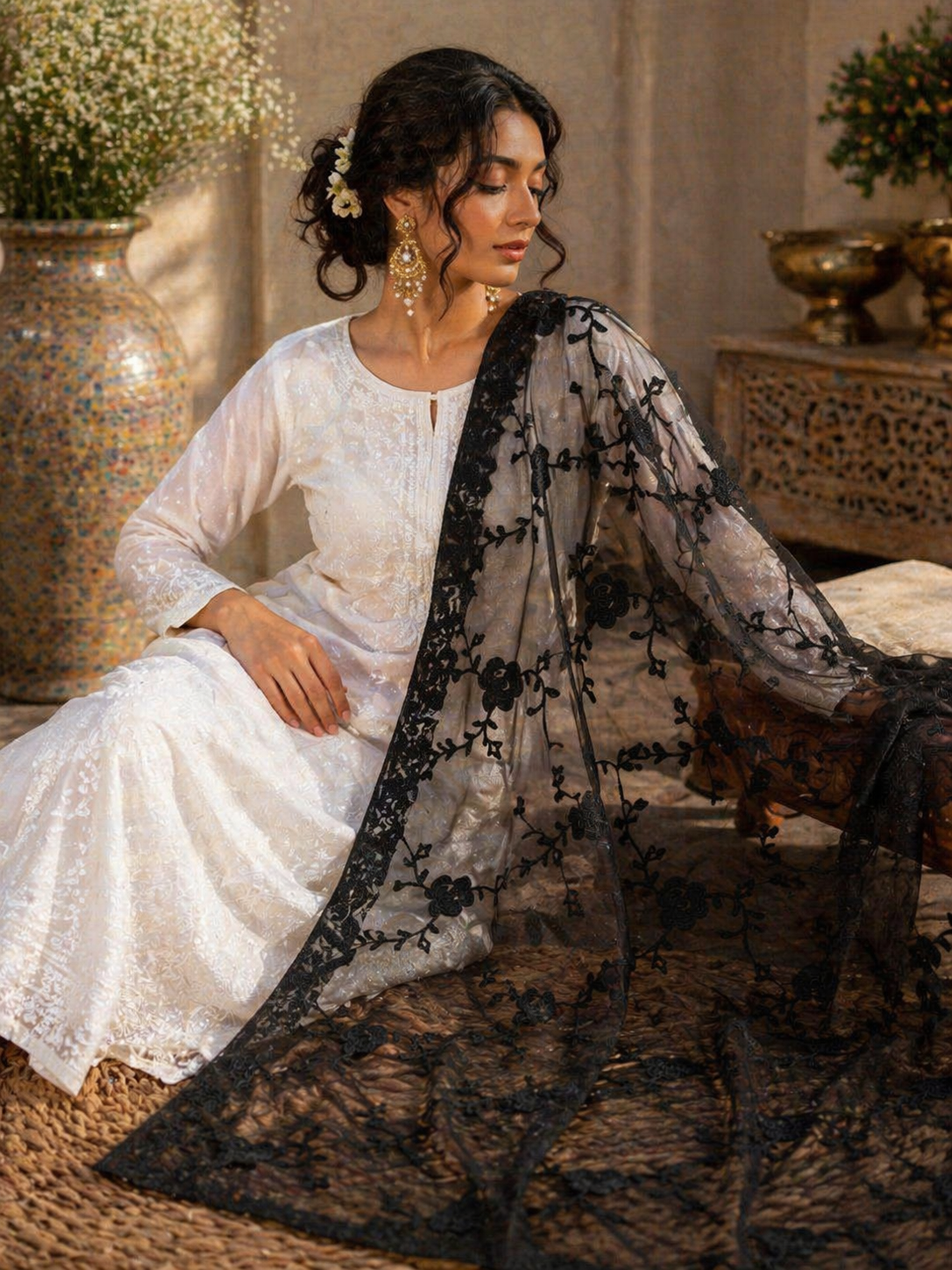 Woman in a white outfit with a black lace dupatta sitting indoors.