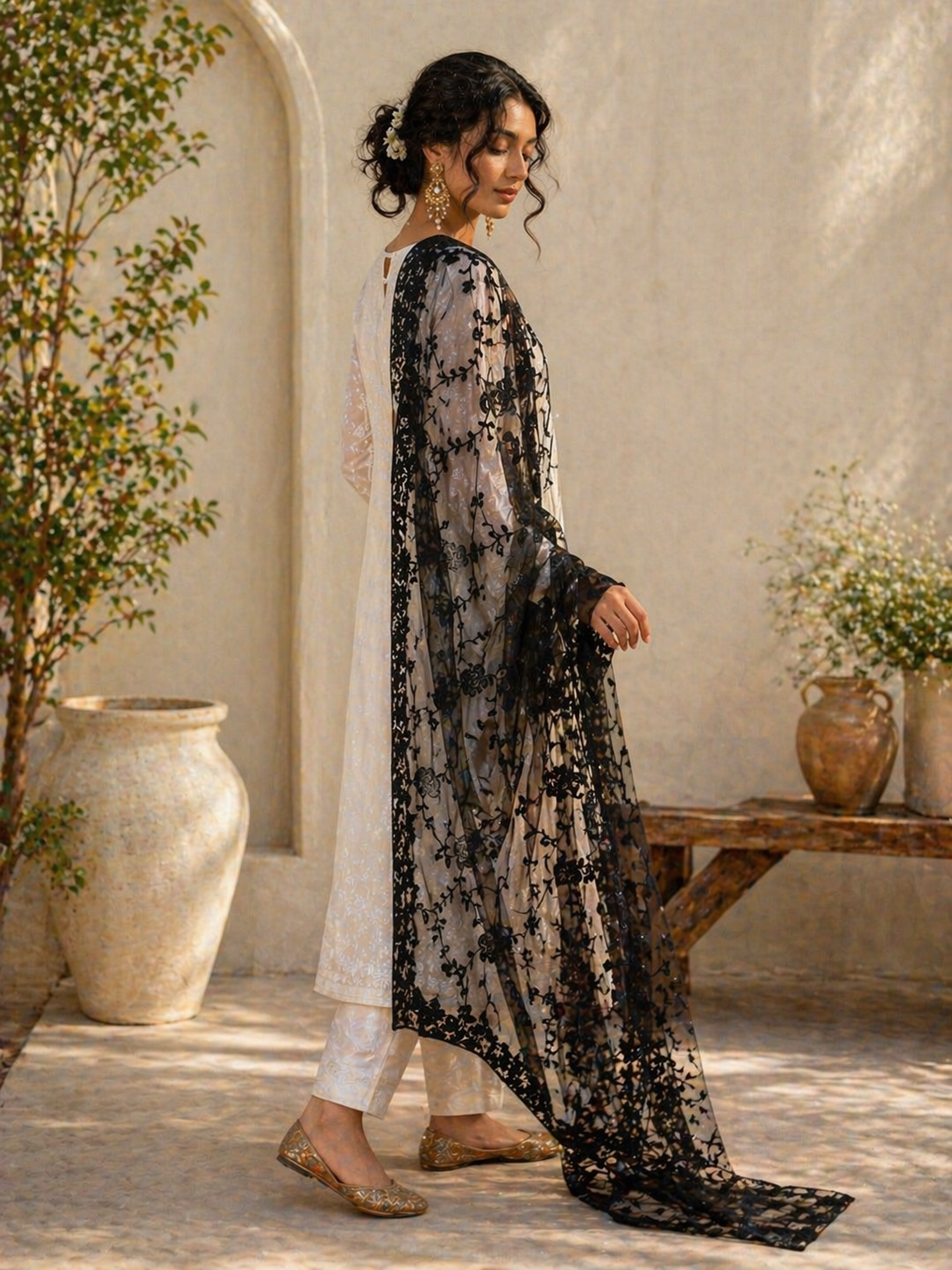 Woman in a black and white outfit with a floral pattern standing in an outdoor setting.