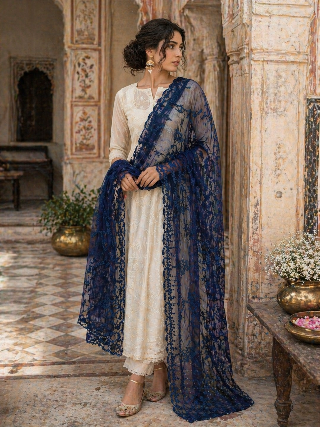 Woman in a white outfit with a blue floral shawl standing in an ornate indoor setting.