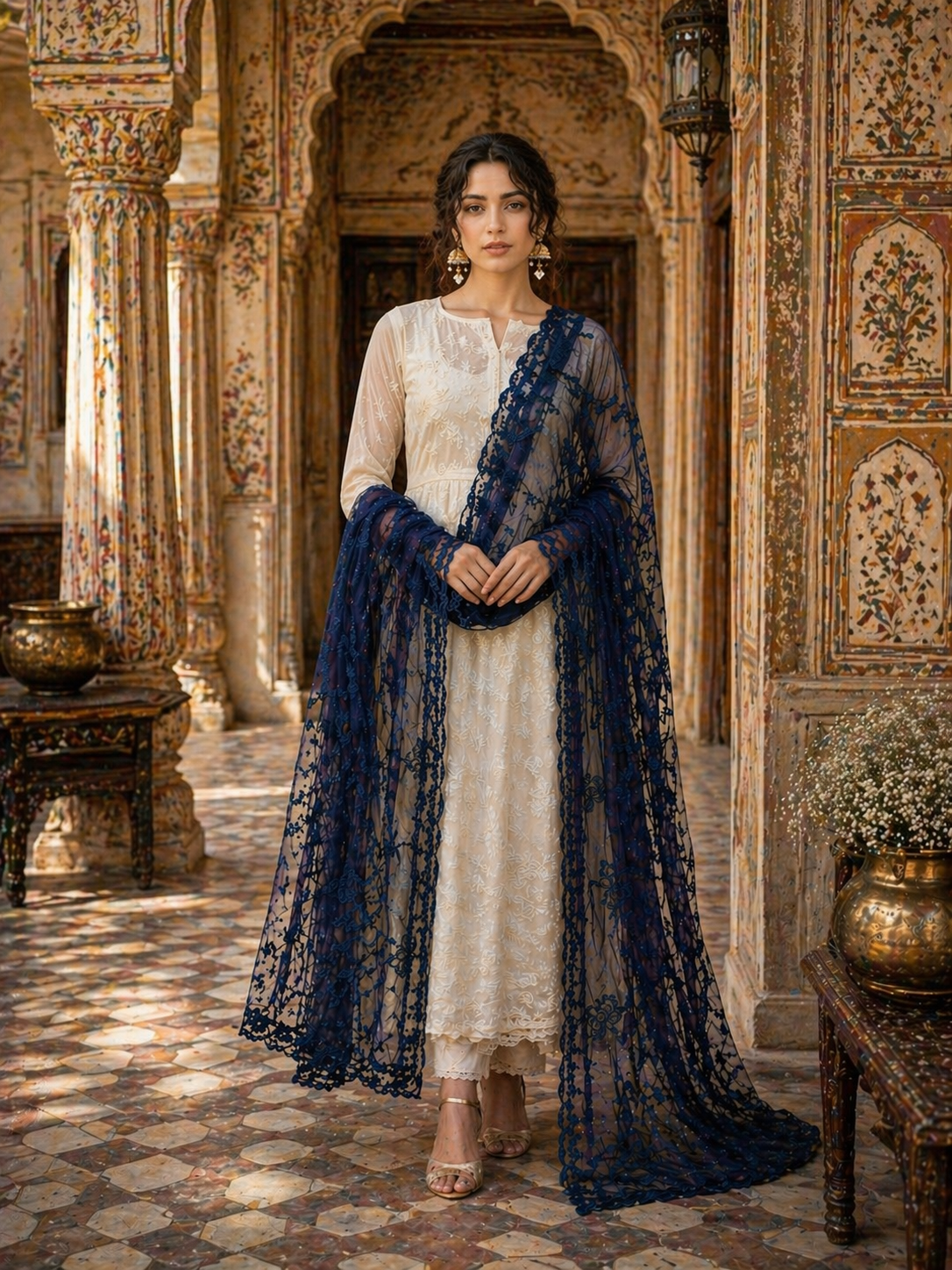 Woman in traditional attire with a blue dupatta in an ornate indoor setting