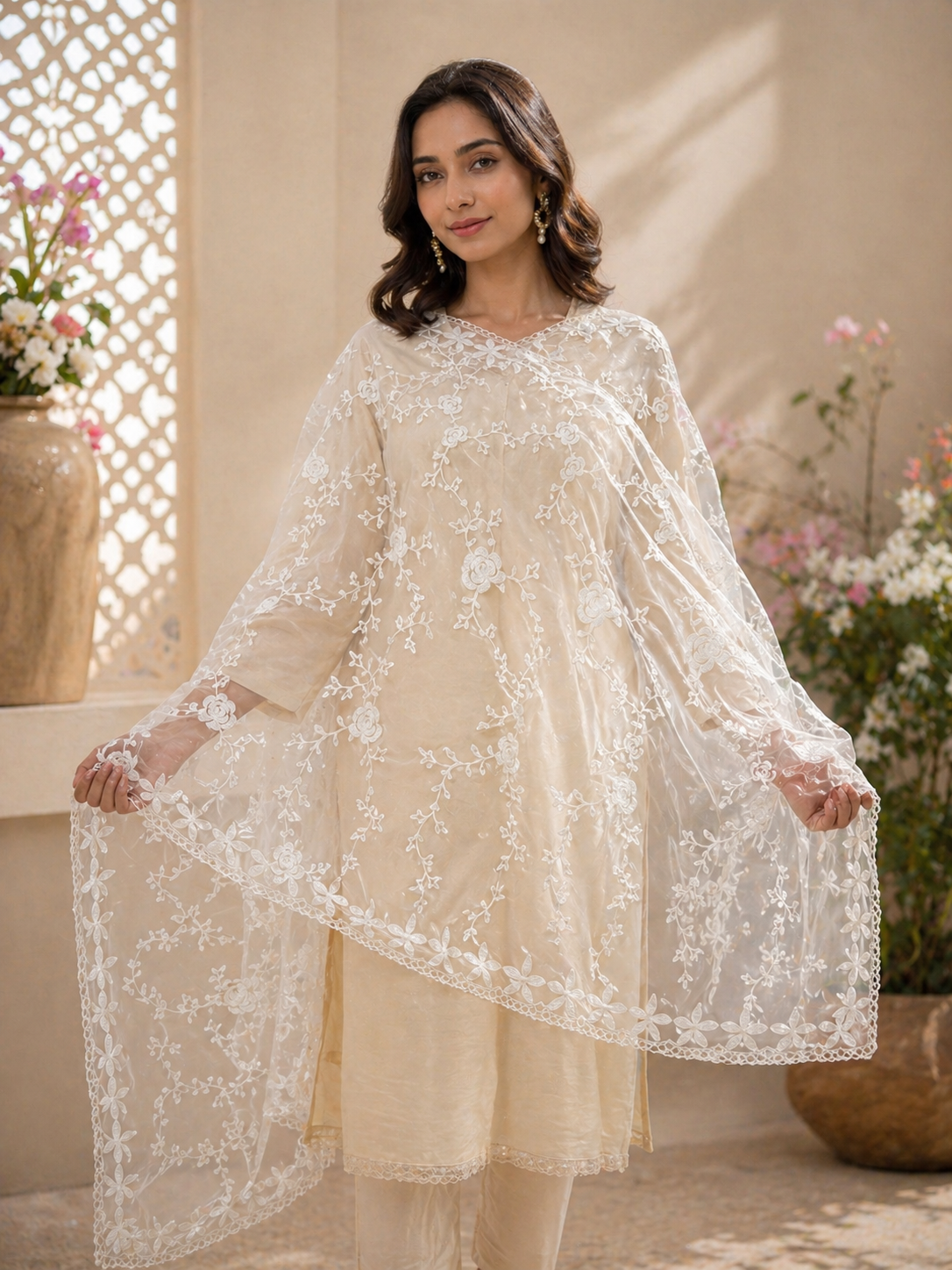 Woman wearing a beige embroidered outfit with a sheer dupatta in a decorative setting.