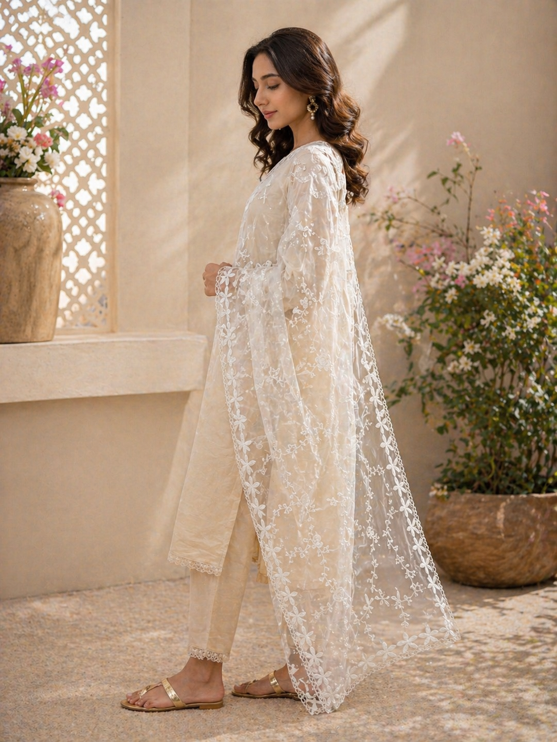 Woman in a white embroidered outfit standing outdoors with plants and a window in the background