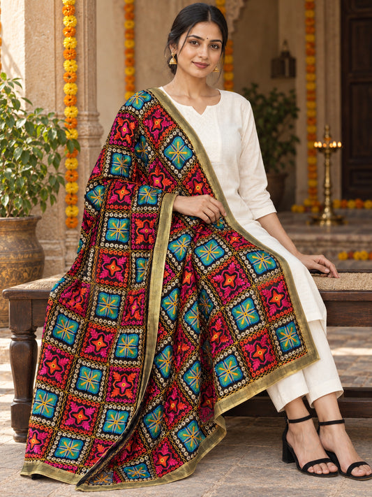 Dp2-Hv-101 — elegant seated Phulkari drape, festive primary portrait