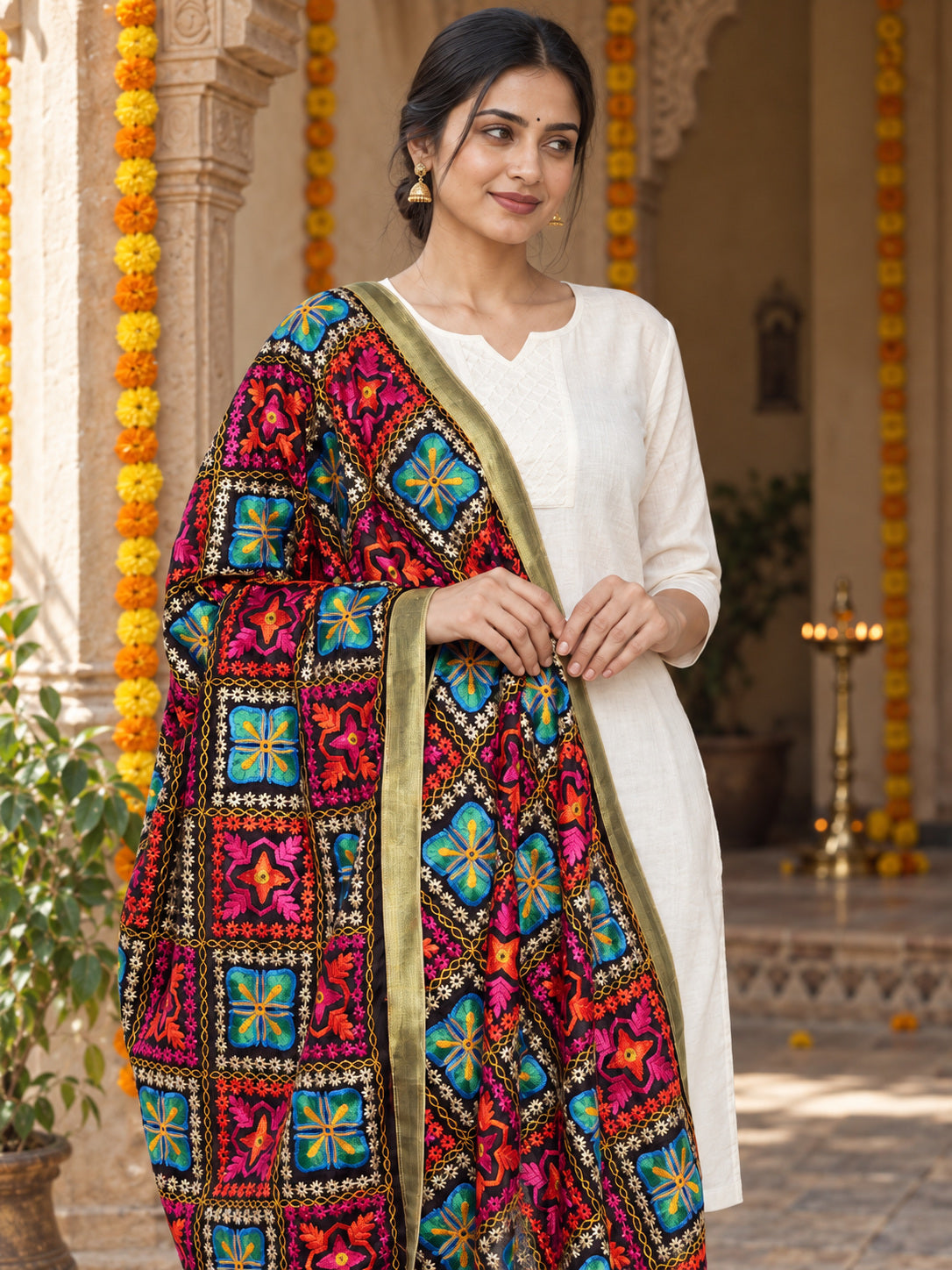 Dp2-Hv-101 — Phulkari dupatta, closer embroidered drape view