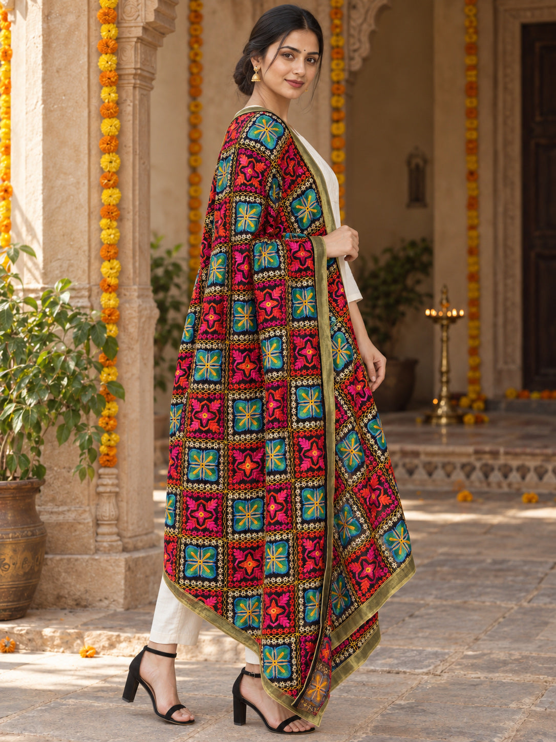 Dp2-Hv-101 — three-quarter side drape of embroidered Phulkari dupatta