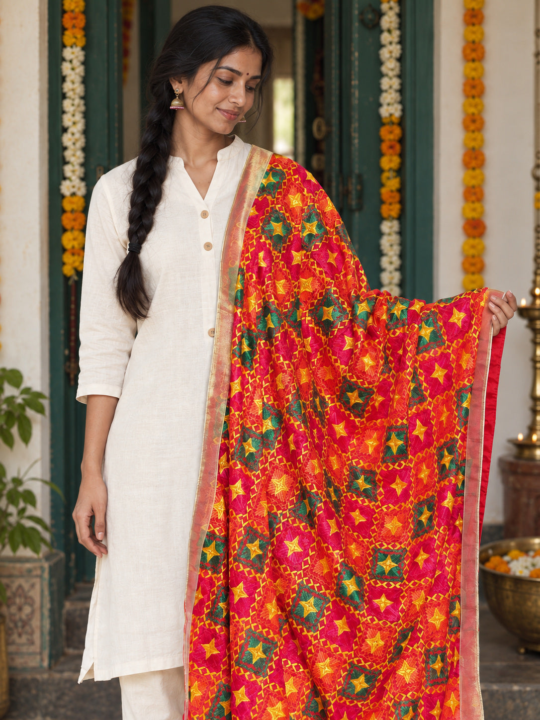 Dp2-Hv-103 — Phulkari dupatta, closer embroidered drape view