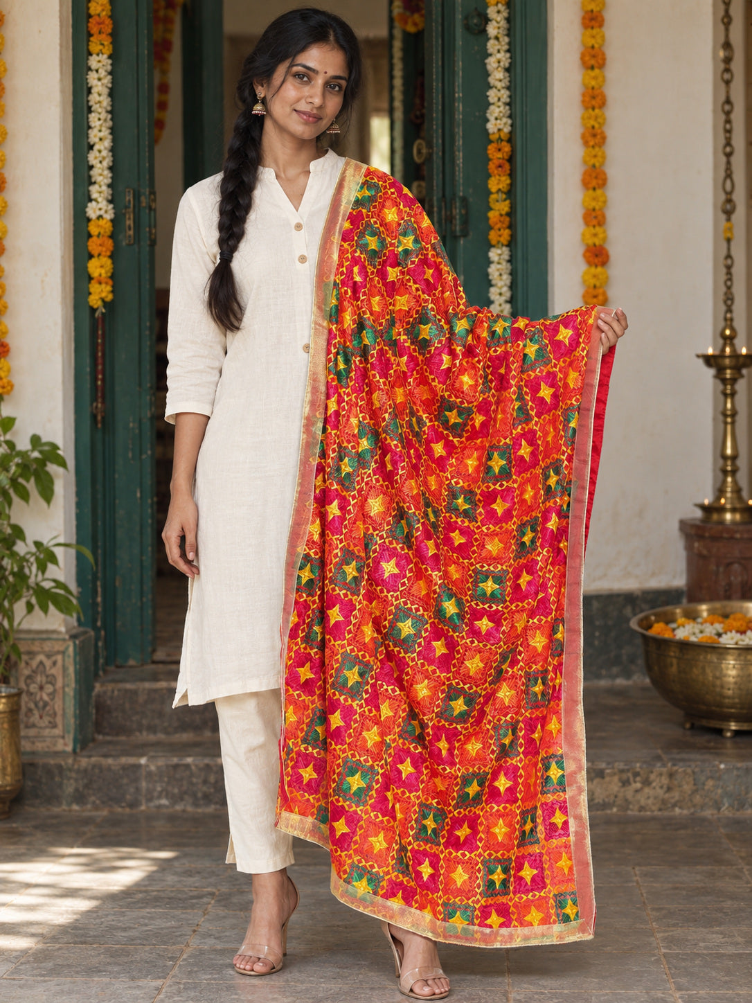 Dp2-Hv-103 — festive Phulkari dupatta, full-length model view