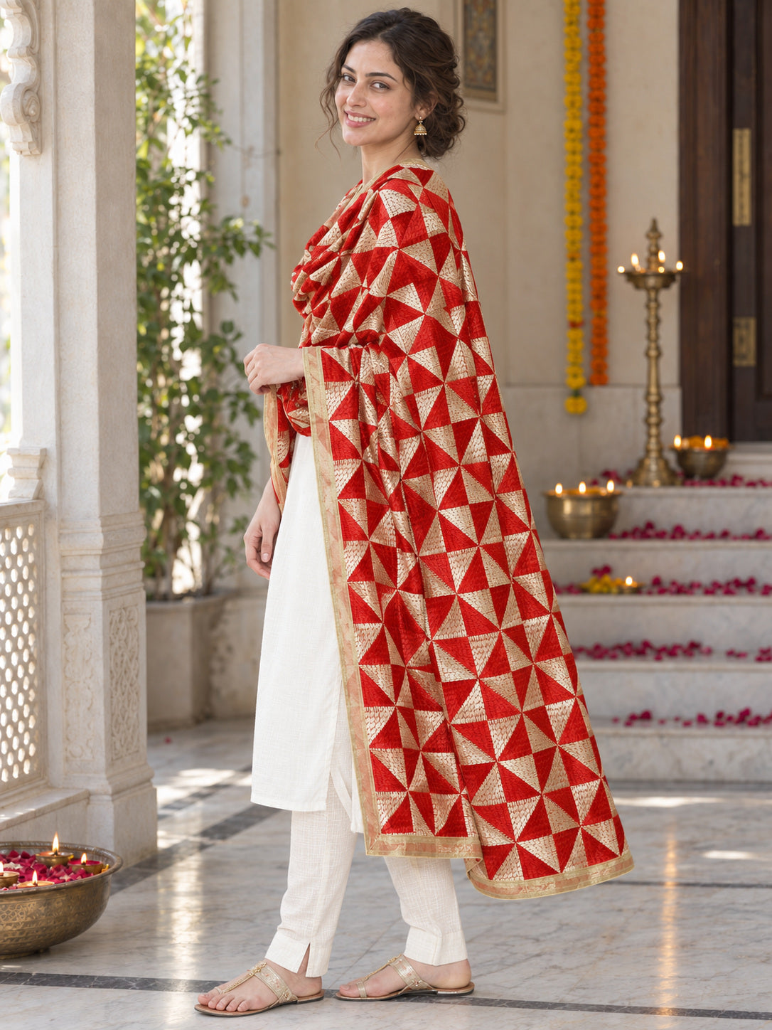 Dp2-Hv-104 — three-quarter side drape of embroidered Phulkari dupatta