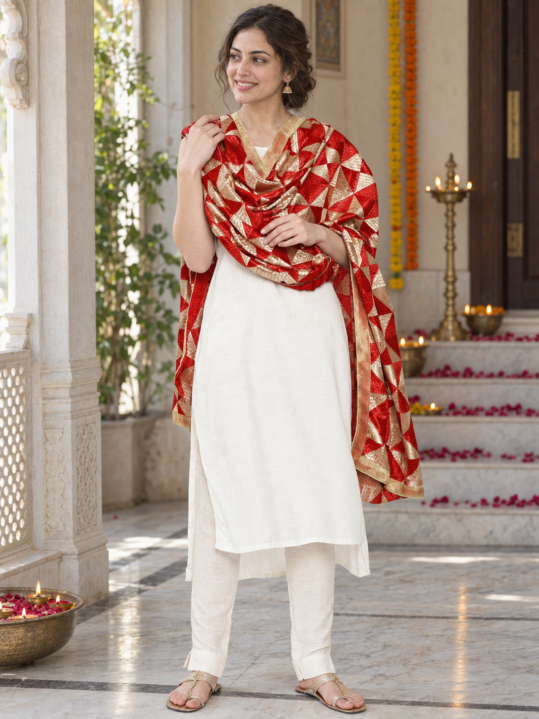 Dp2-Hv-104 — festive Phulkari dupatta, full-length model view