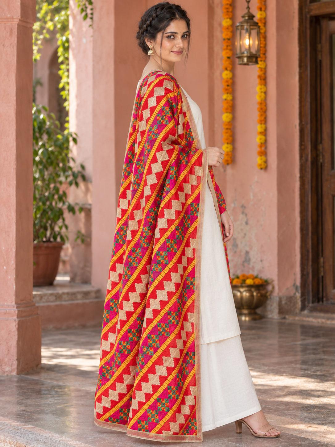 Dp2-Hv-105 — three-quarter side drape of embroidered Phulkari dupatta