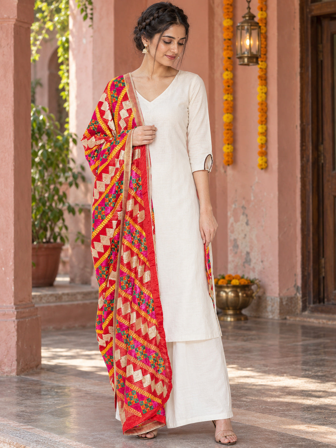 Dp2-Hv-105 — festive Phulkari dupatta, full-length model view