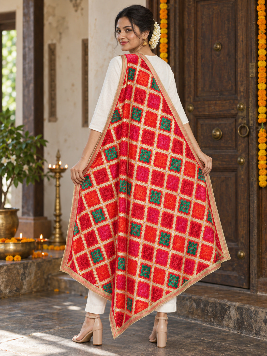 Dp2-Hv-106 — rear three-quarter drape showing Phulkari embroidery and border