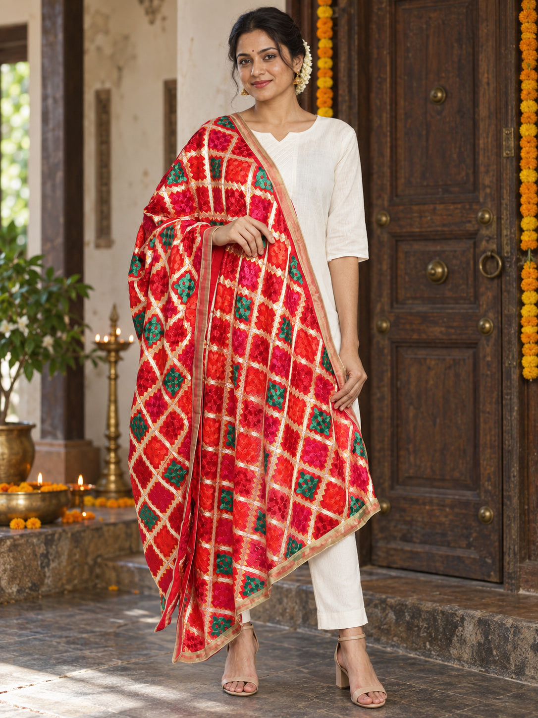 Dp2-Hv-106 — festive Phulkari dupatta, full-length model view