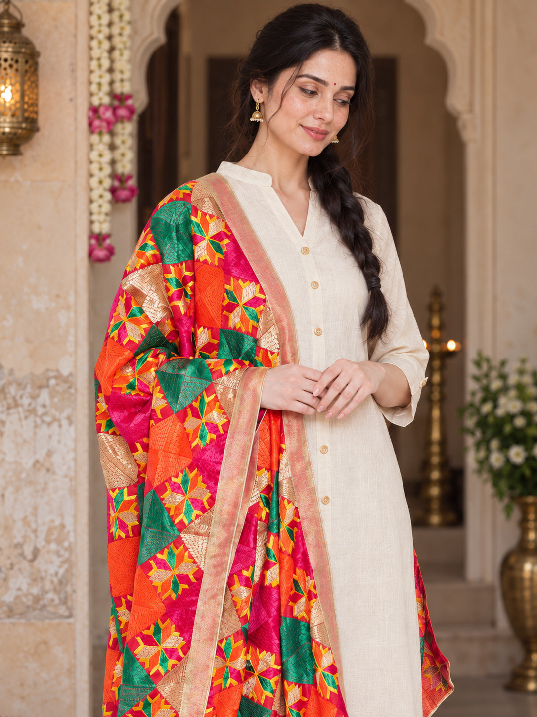 Dp2-Hv-108 — Phulkari dupatta, closer embroidered drape view