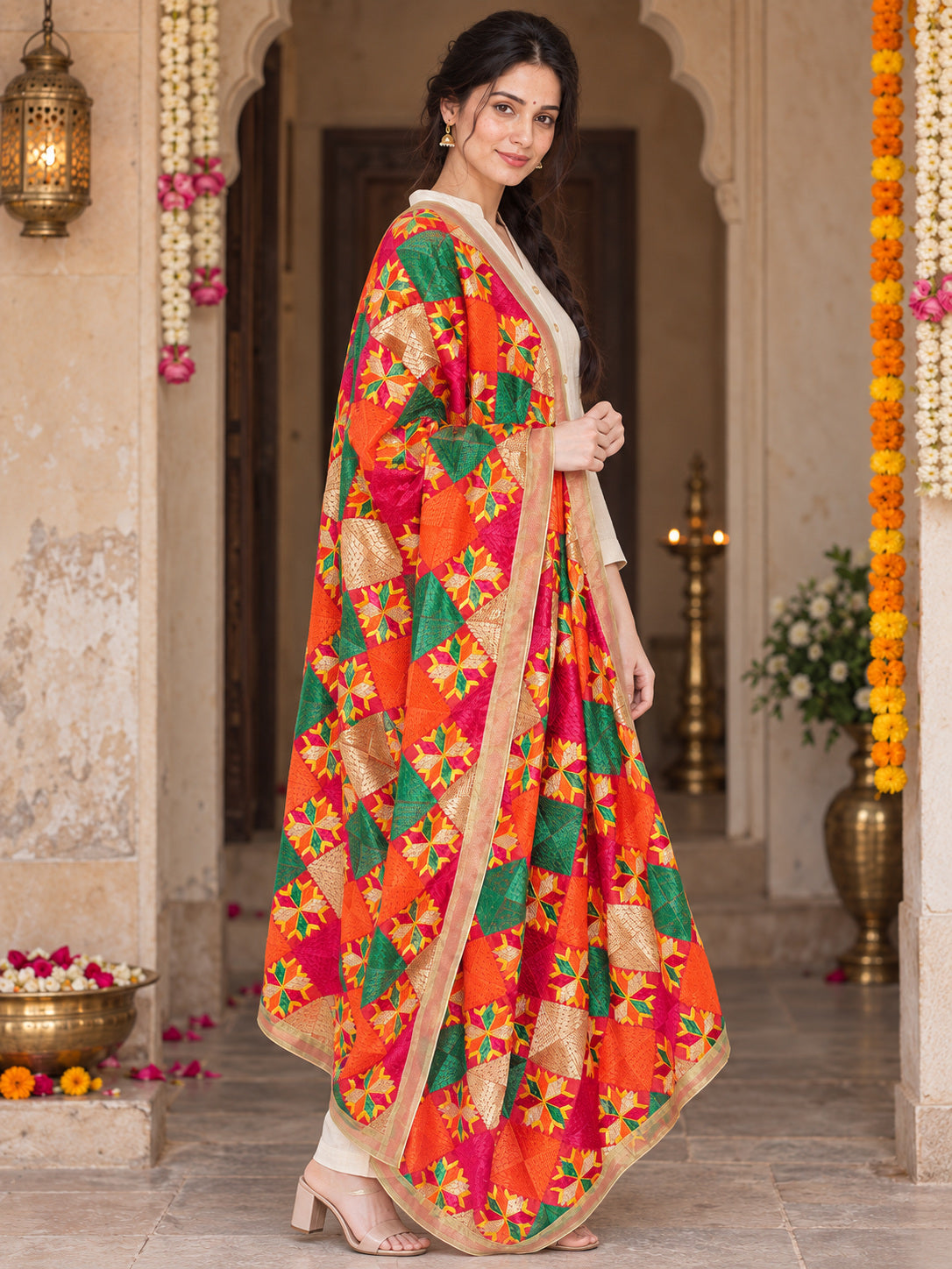 Dp2-Hv-108 — three-quarter side drape of embroidered Phulkari dupatta