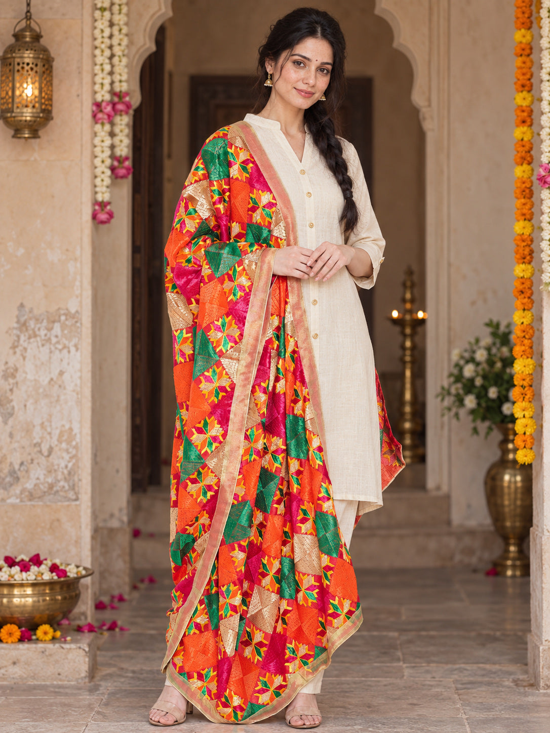 Dp2-Hv-108 — festive Phulkari dupatta, full-length model view